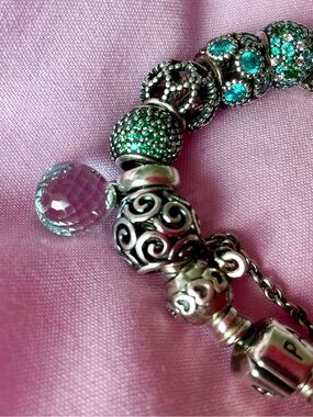 Pandora Silver Bracelet with Aqua, Silver and Crystal Charms